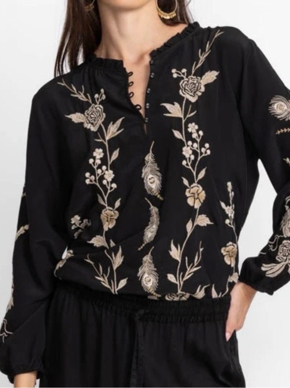 Johnny Was Silk Embroidered Calipso Button Neck Field Blouse Womens XS Black Top